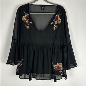Torrid Black Floral Embroidered Chiffon Sheer Blouse Top
